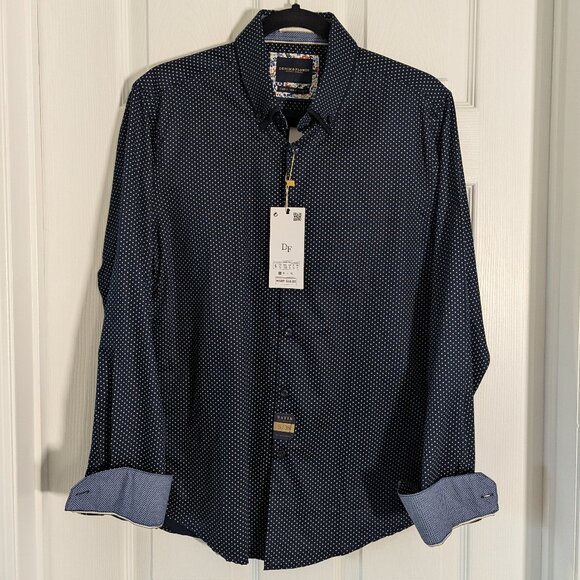 NWT DENIM & FLOWER NAVY SATIN LONG-SLEEVE BUTTON-UP SHIRT - Picture 1 of 7
